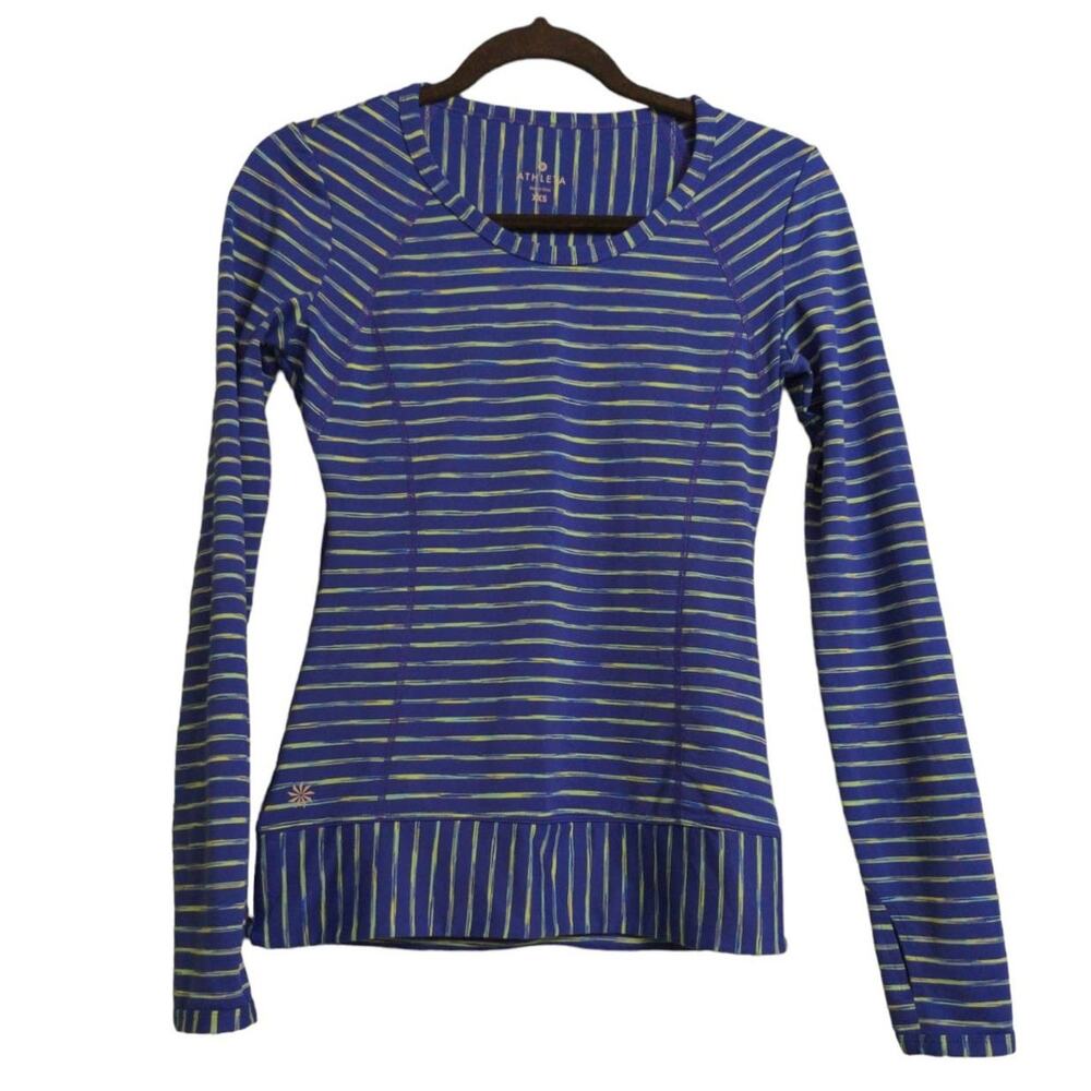 Athleta Womens Shirt Top Yellow Blue Stripe Long Sleeve Scoop Neck Stretch XXS